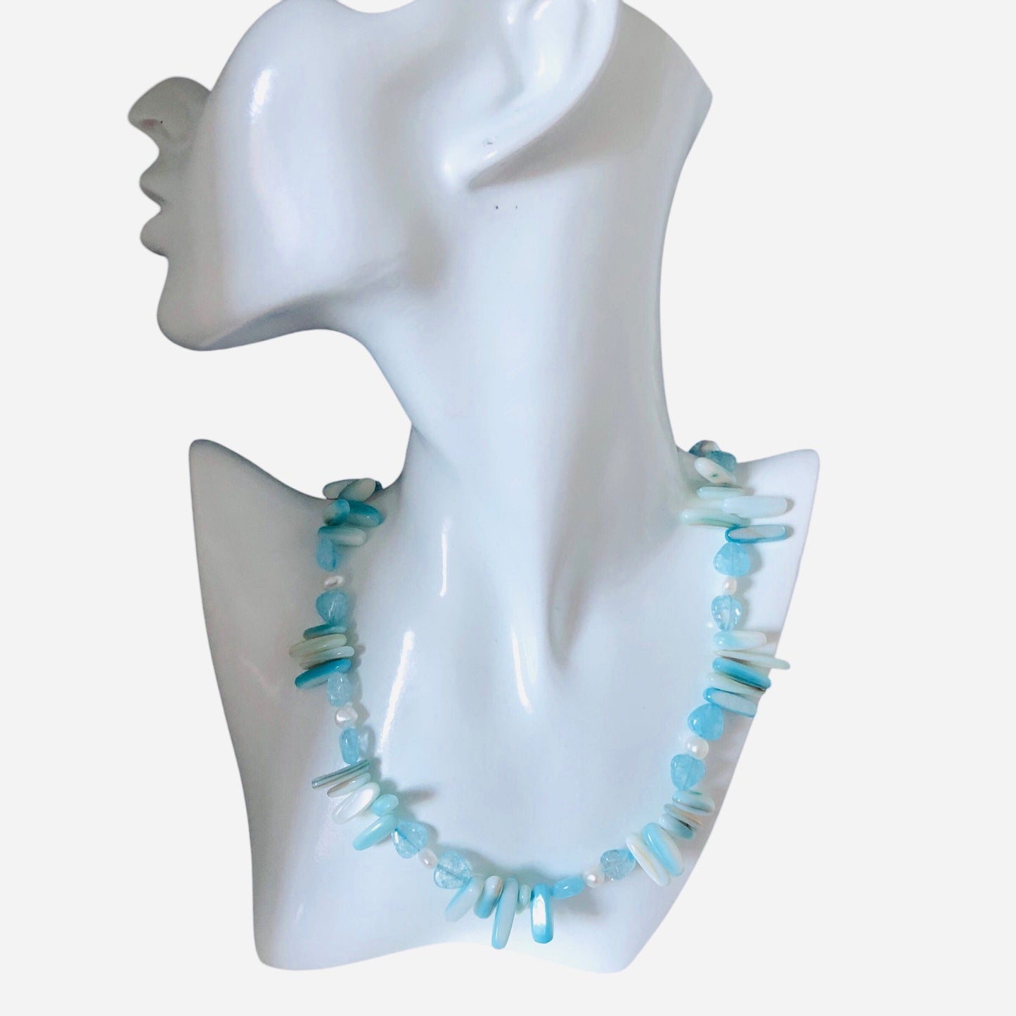 Blue Mother of Pearl, Quartz and Freshwater Pearls Beaded Necklace