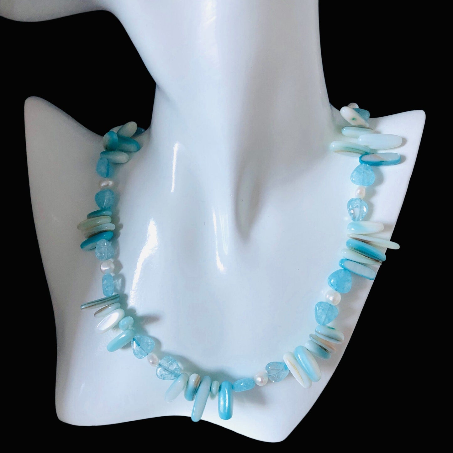Blue Mother of Pearl, Quartz and Freshwater Pearls Beaded Necklace