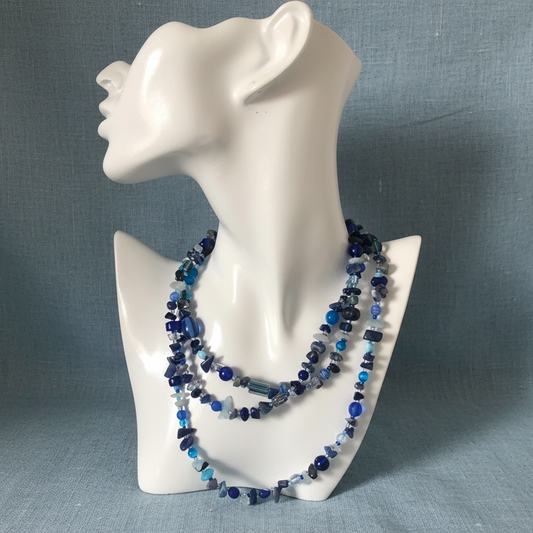 Blue Stones and Glass Beaded Long Necklace