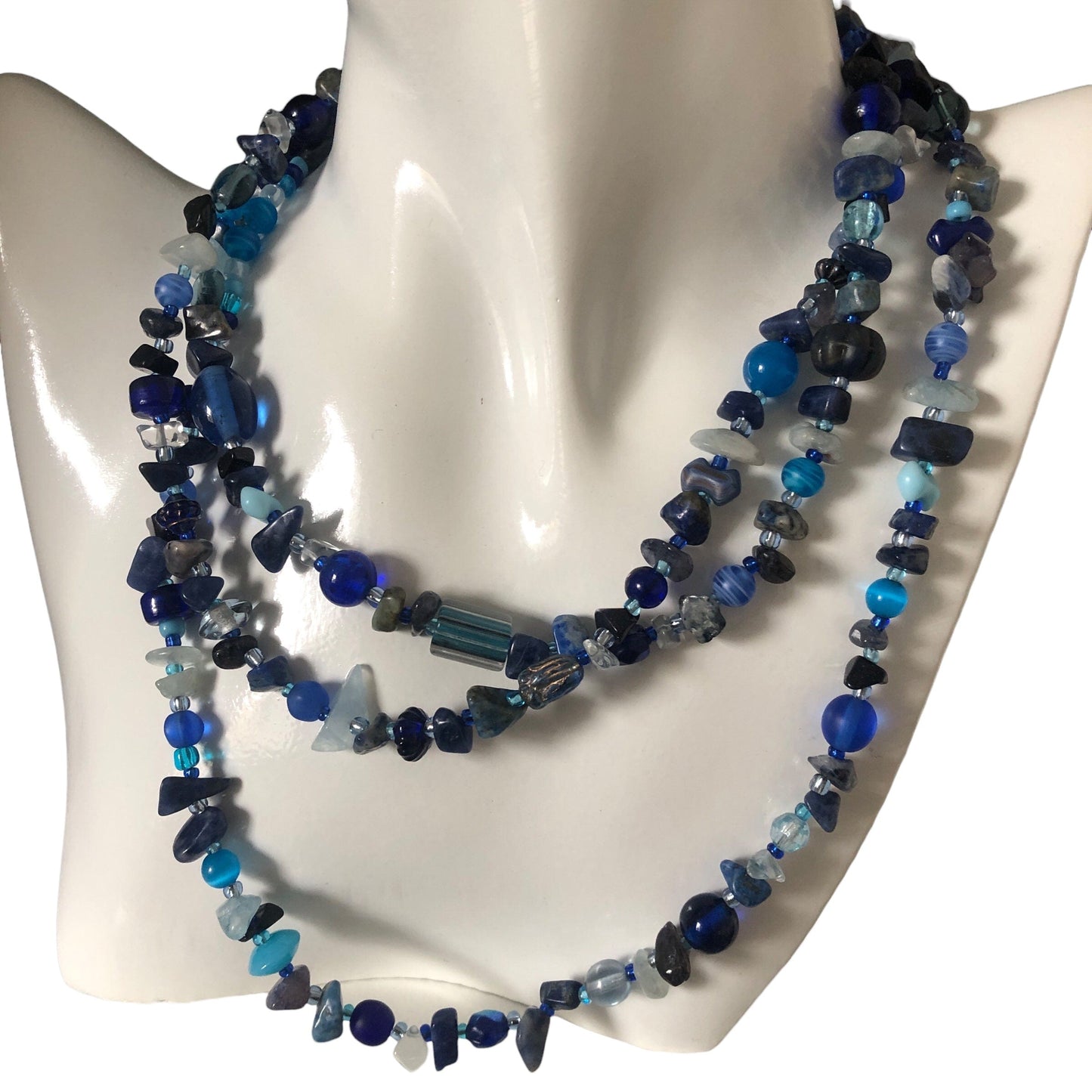Blue Stones and Glass Beaded Long Necklace