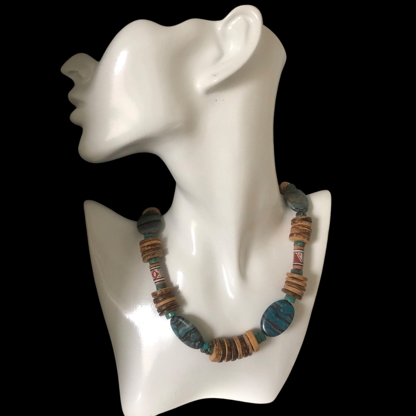 Chrysocolla, Turquoise and Coconut Shell Beaded Necklace