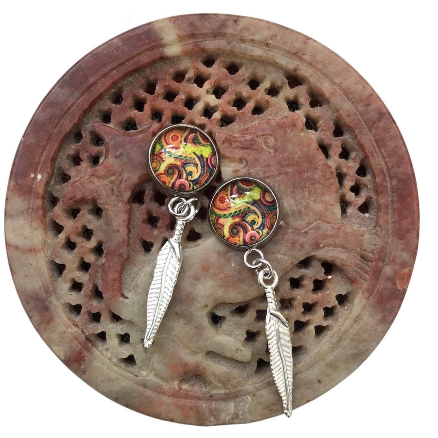 Paisley and Feathers Silver plated Stud Earrings - Multi-coloured