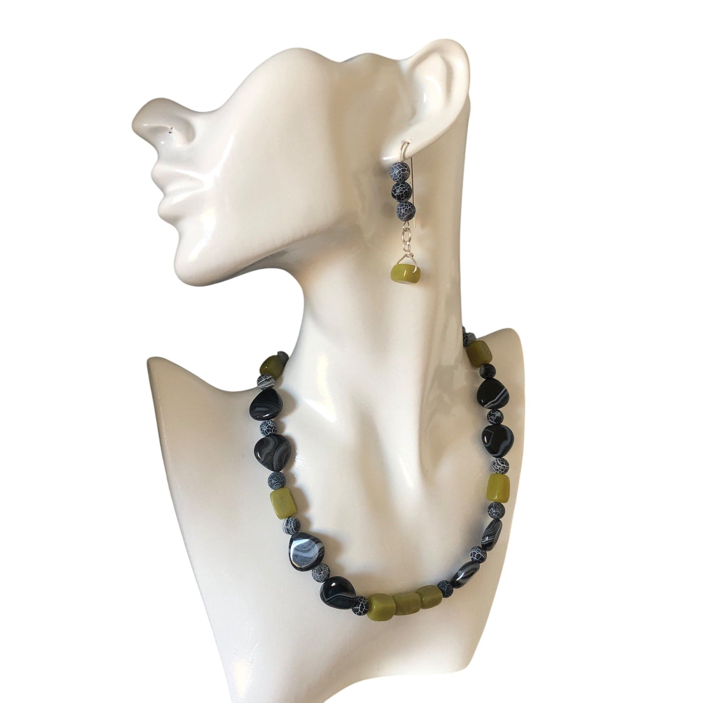 Frost Cracked Agates and Olive Jade 925 Silver Dangle Earrings