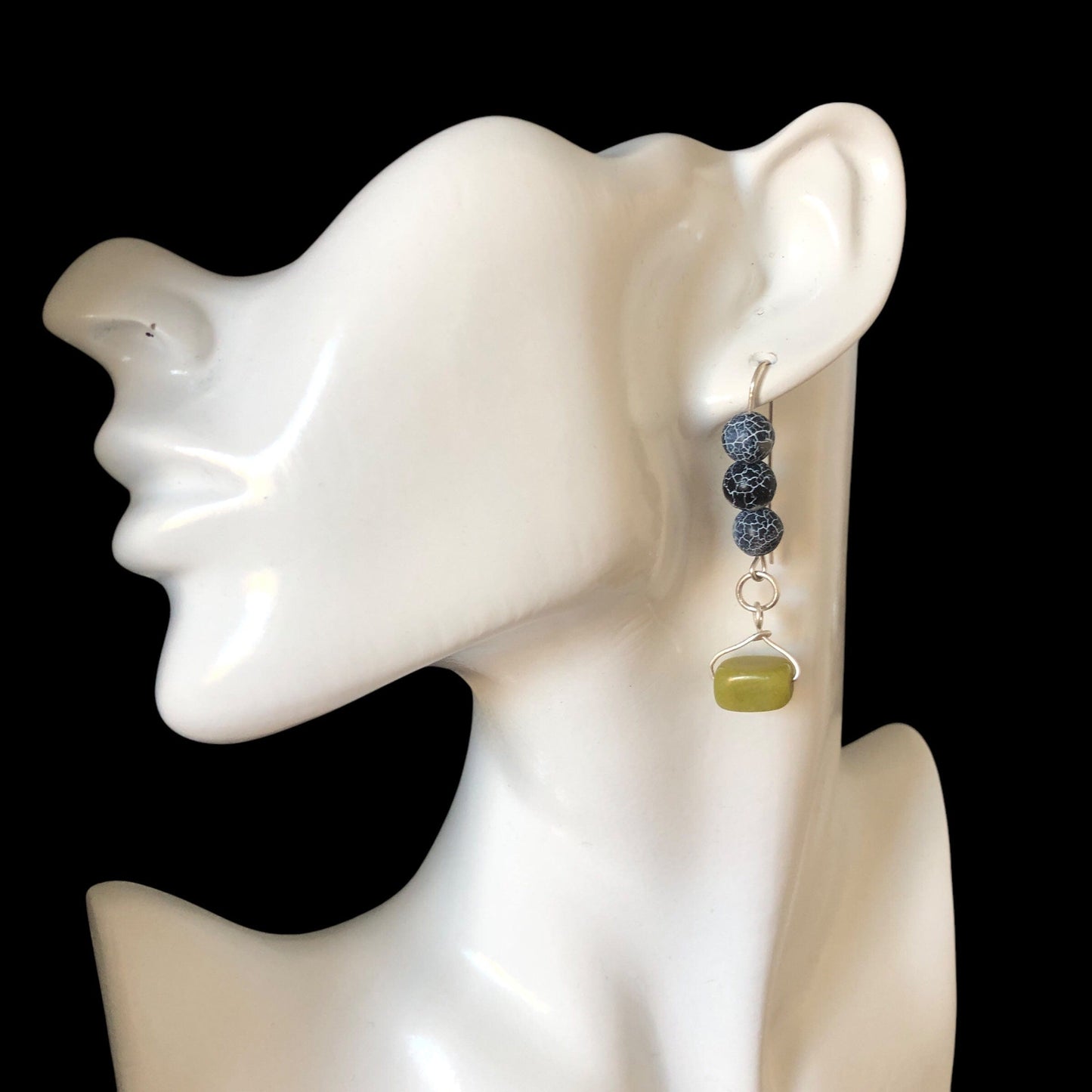 Frost Cracked Agates and Olive Jade 925 Silver Dangle Earrings