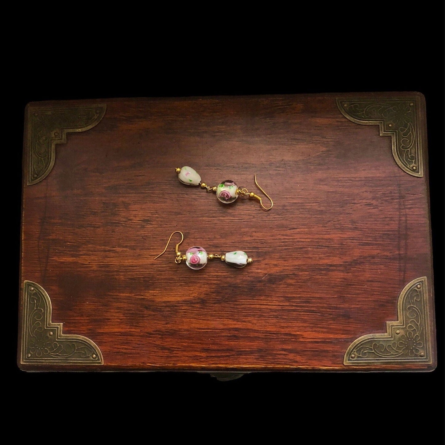 Glass Roses Gold Plated Dangle Earrings