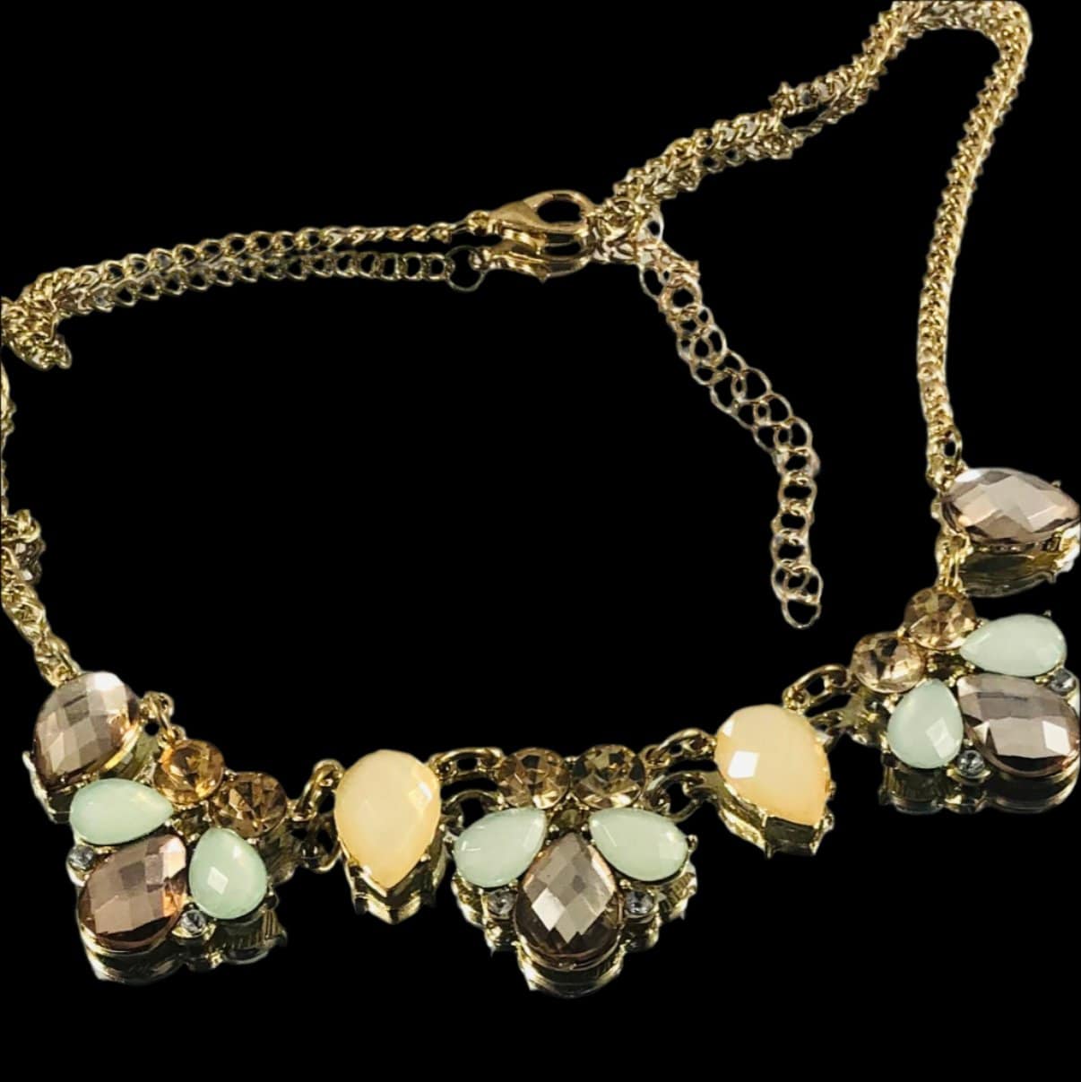 Gold Shade Vintage Style Bib Necklace with Pastel Crystals