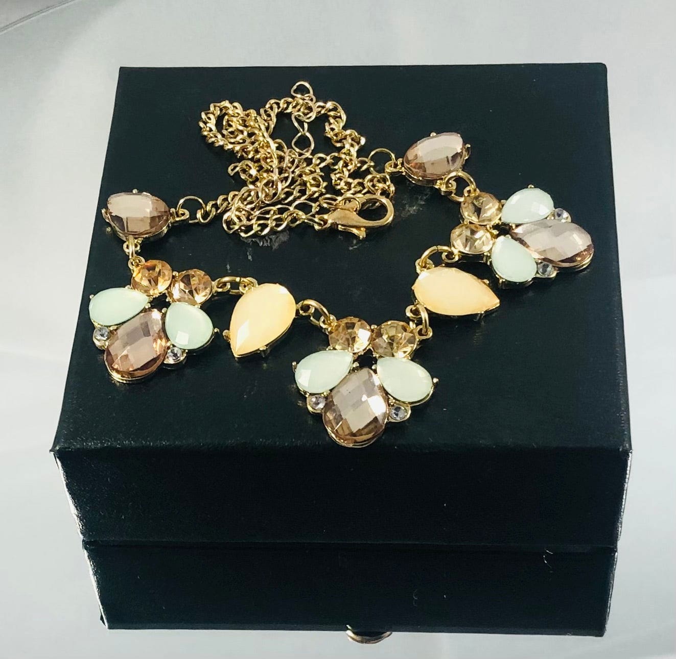 Gold Shade Vintage Style Bib Necklace with Pastel Crystals