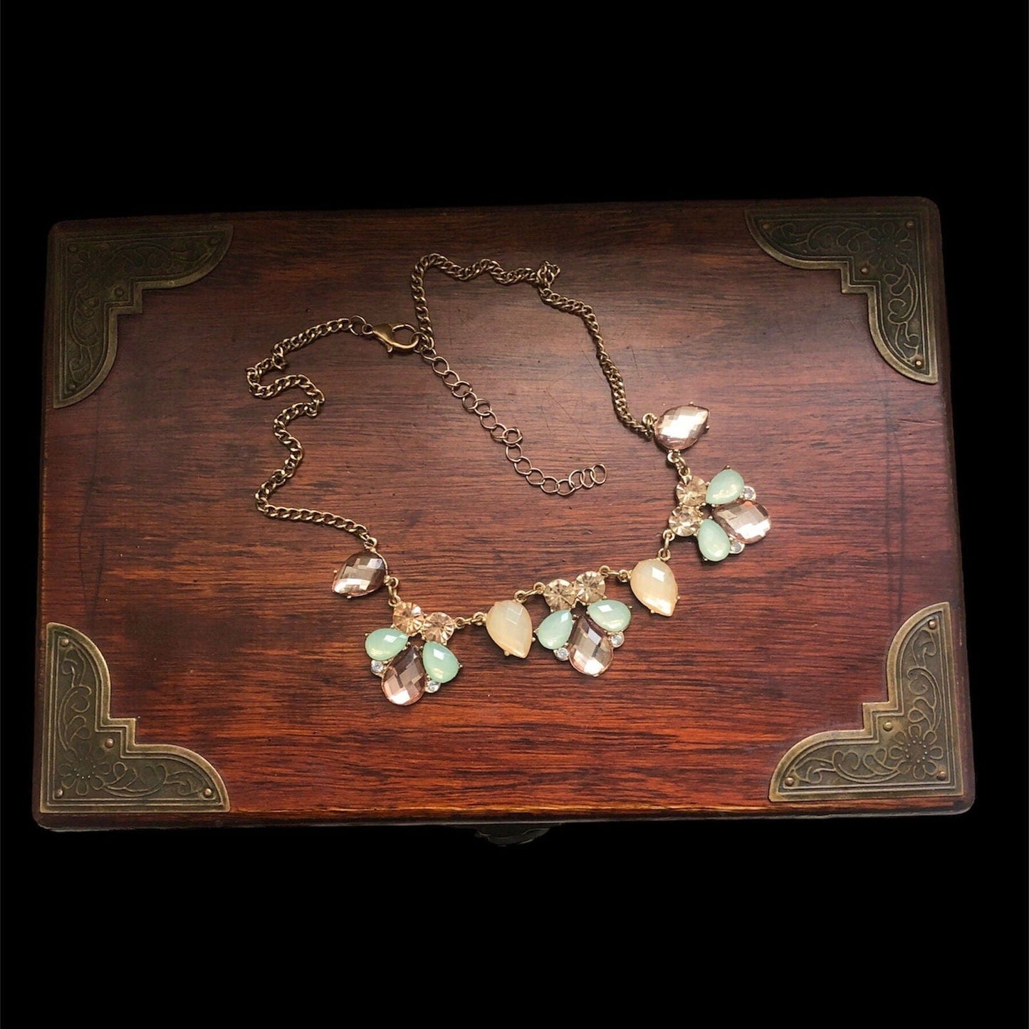 Gold Shade Vintage Style Bib Necklace with Pastel Crystals