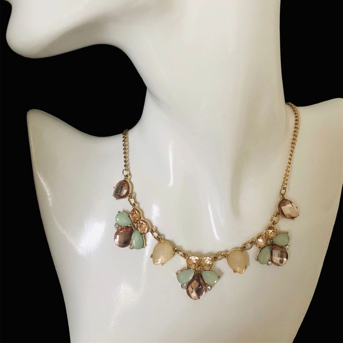Gold Shade Vintage Style Bib Necklace with Pastel Crystals