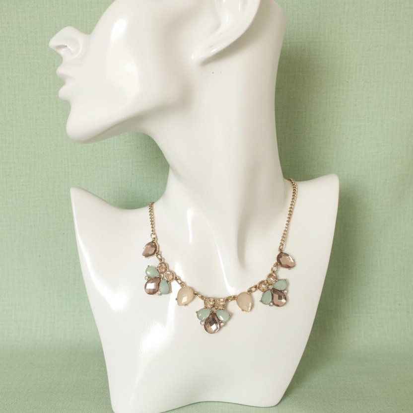 Gold Shade Vintage Style Bib Necklace with Pastel Crystals