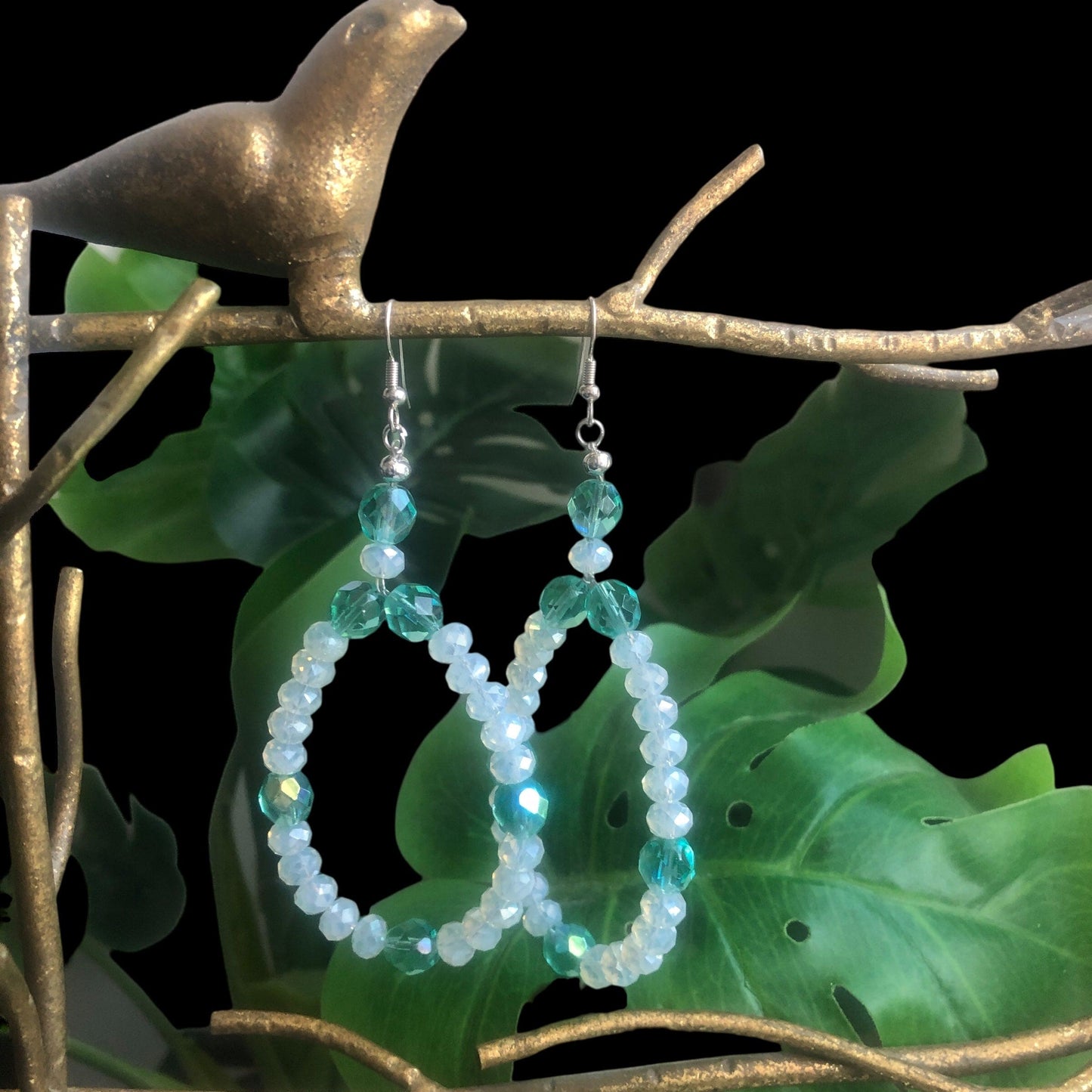 Green and Opal White Statement Crystal Earrings