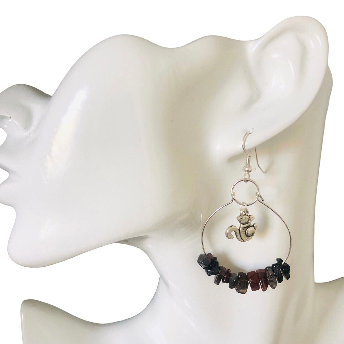 Hoop Earrings with Obsidian and Squirrel Charms