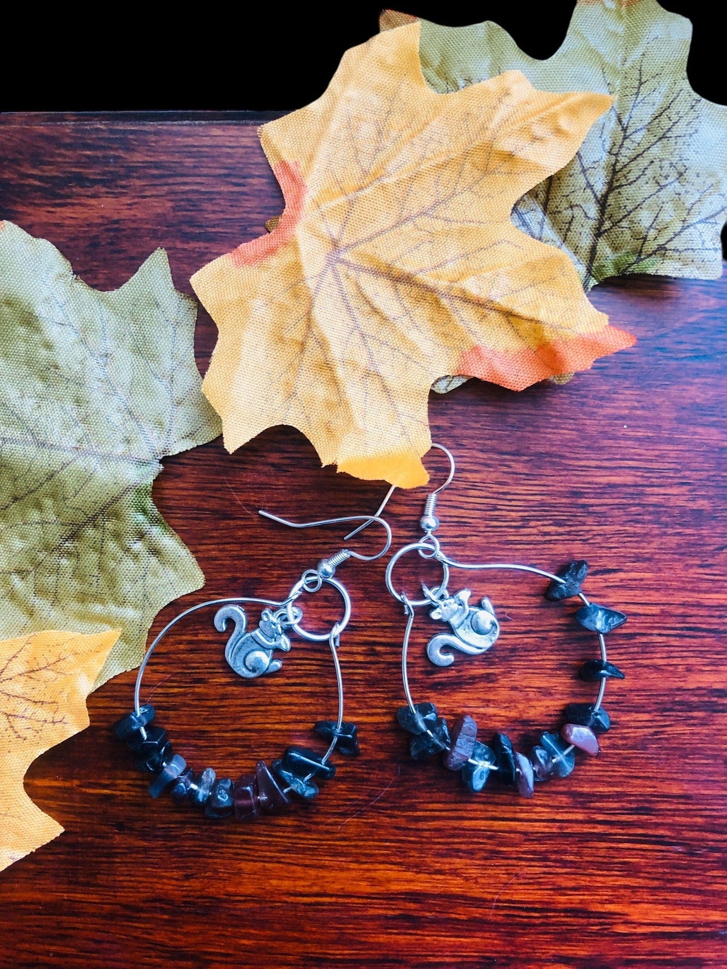 Hoop Earrings with Obsidian and Squirrel Charms