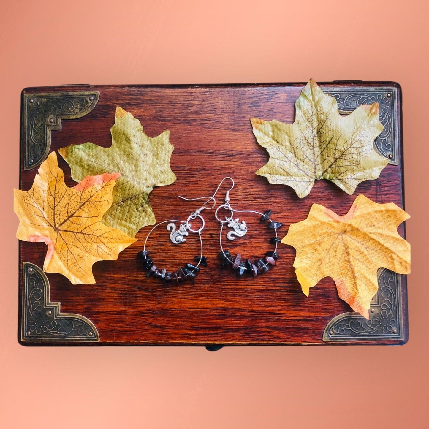 Hoop Earrings with Obsidian and Squirrel Charms