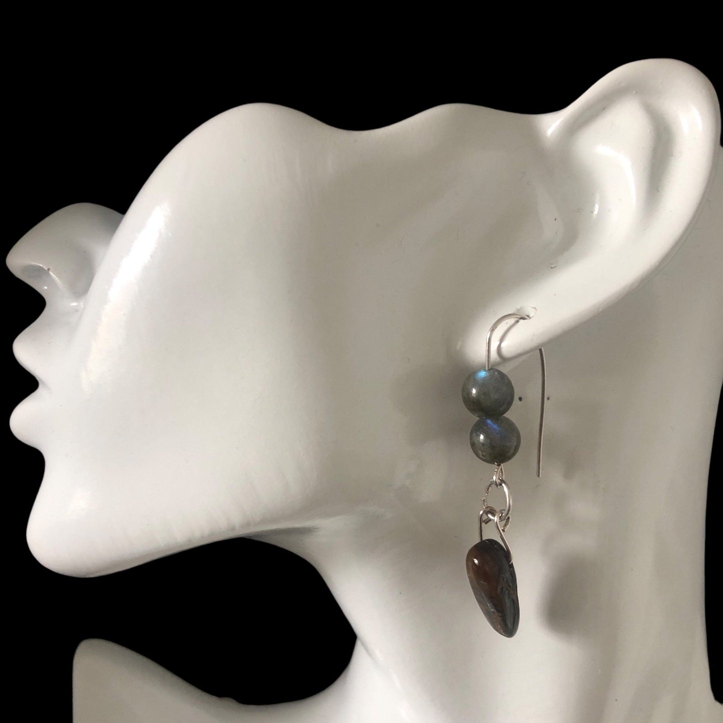 Labradorite and Blue Tiger Eye 925 Silver Dangle Earrings