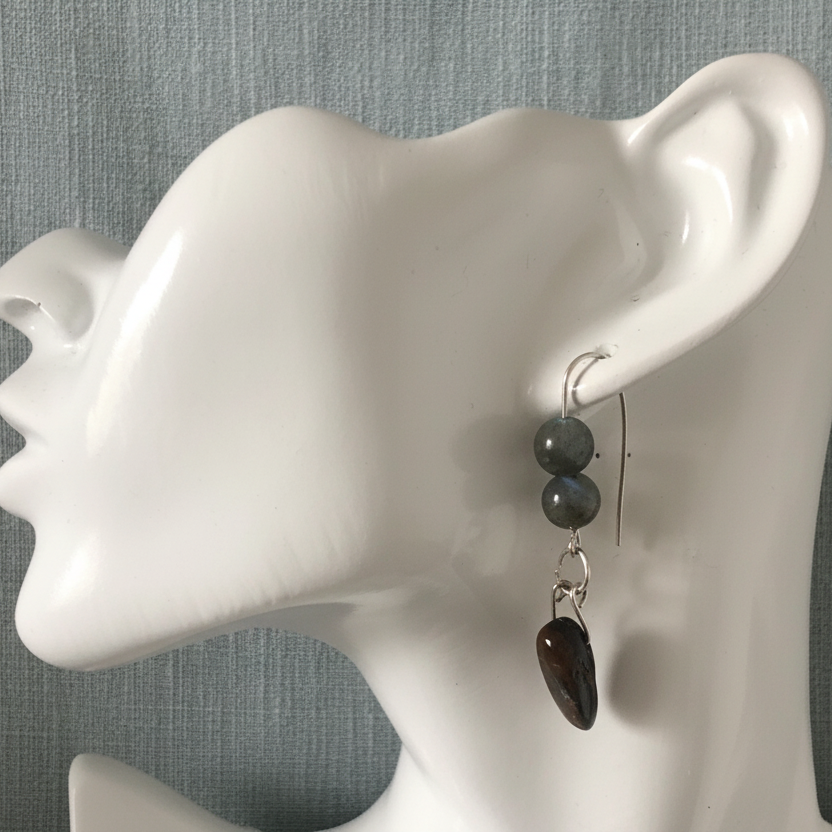 Labradorite and Blue Tiger Eye 925 Silver Dangle Earrings