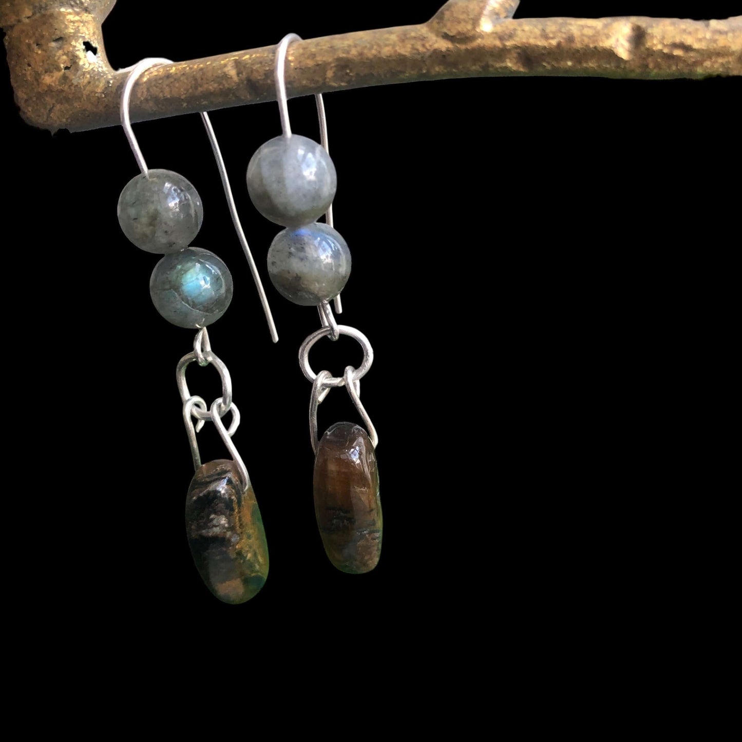 Labradorite and Blue Tiger Eye 925 Silver Dangle Earrings