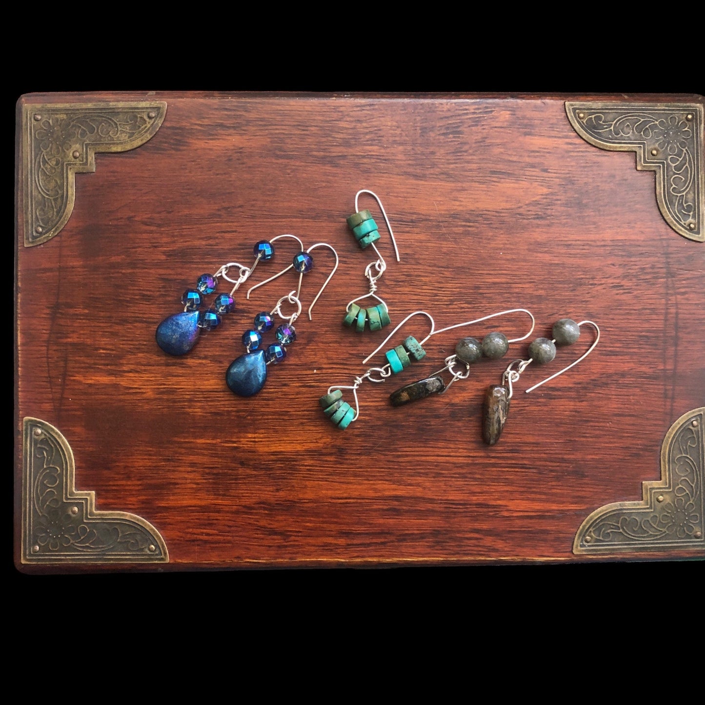 Labradorite and Blue Tiger Eye 925 Silver Dangle Earrings