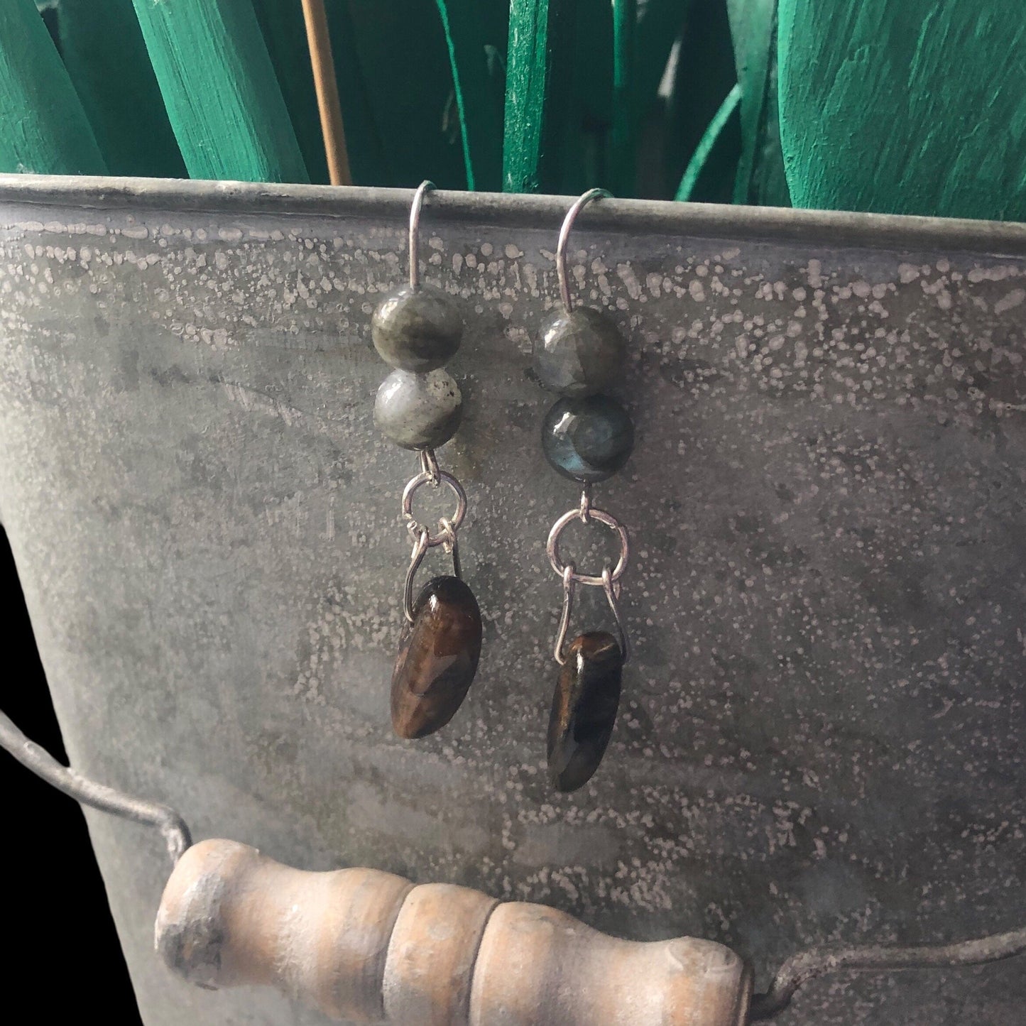 Labradorite and Blue Tiger Eye 925 Silver Dangle Earrings