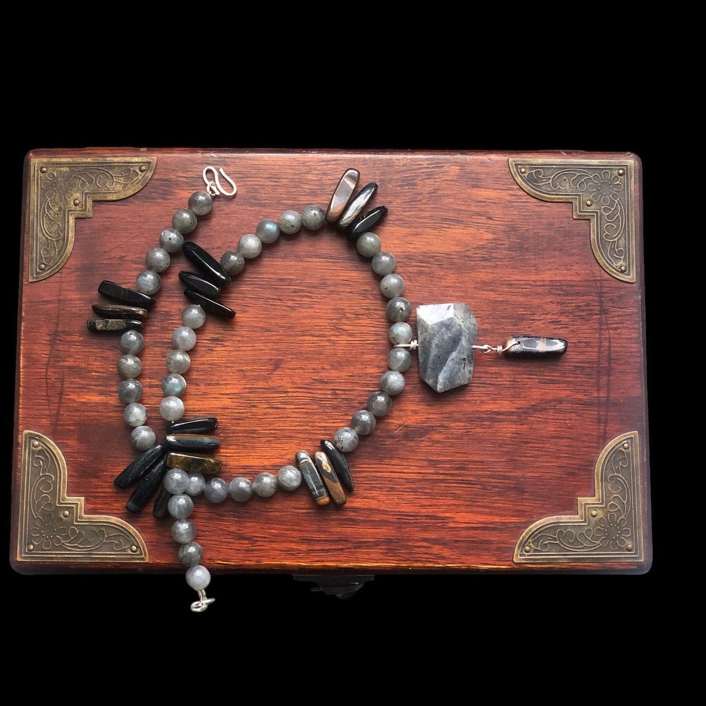 Moonstone and Blue Tiger Eye Beaded Necklace with Labradorite Pendant