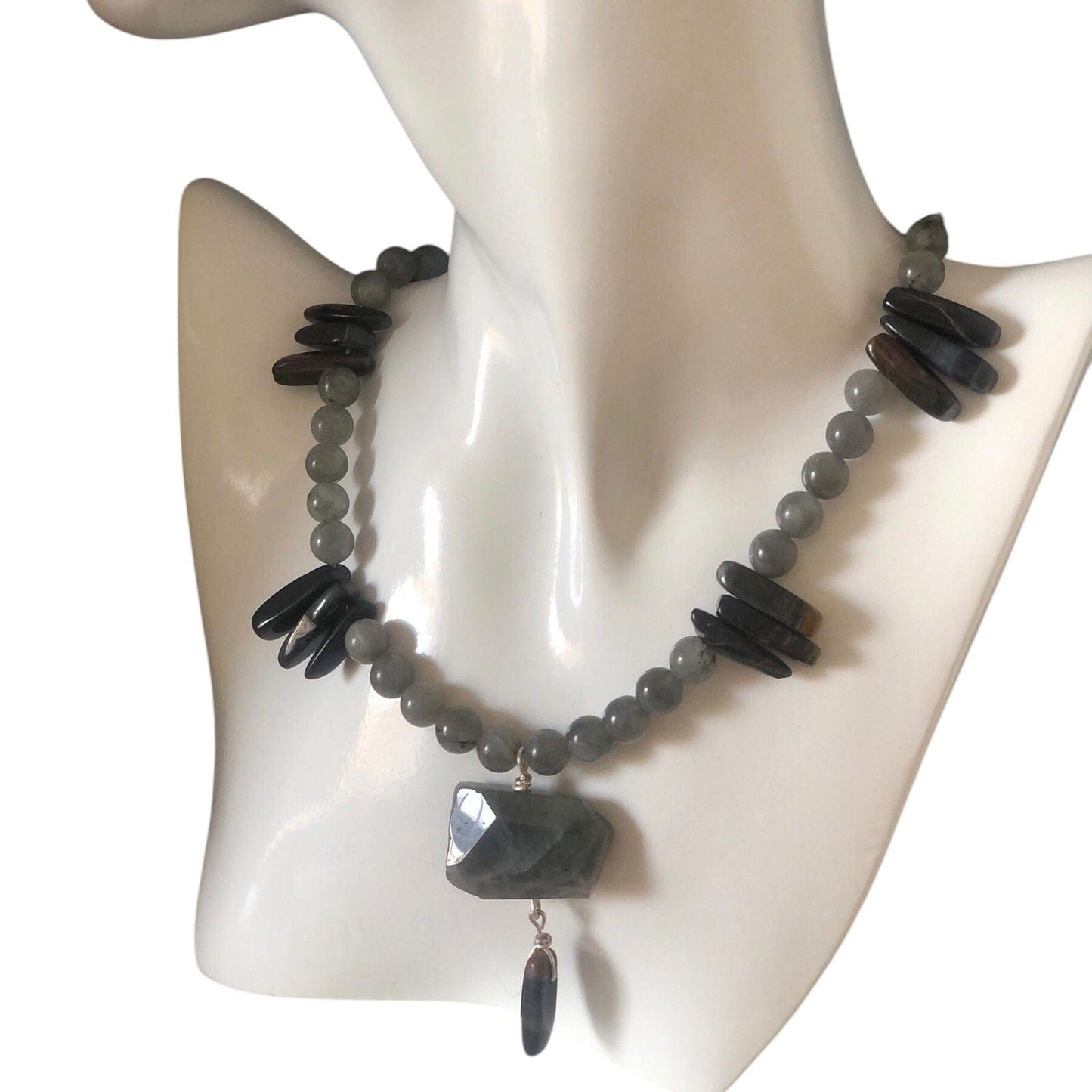 Moonstone and Blue Tiger Eye Beaded Necklace with Labradorite Pendant