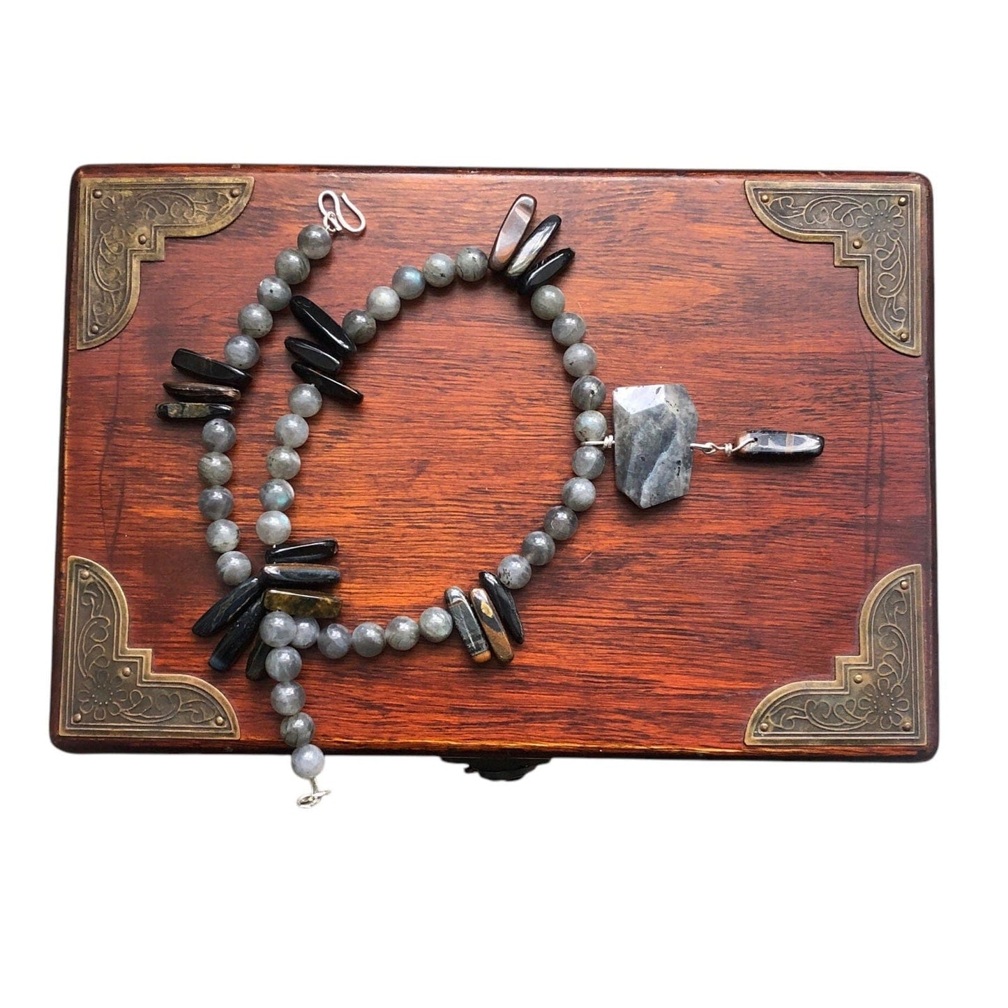 Moonstone and Blue Tiger Eye Beaded Necklace with Labradorite Pendant