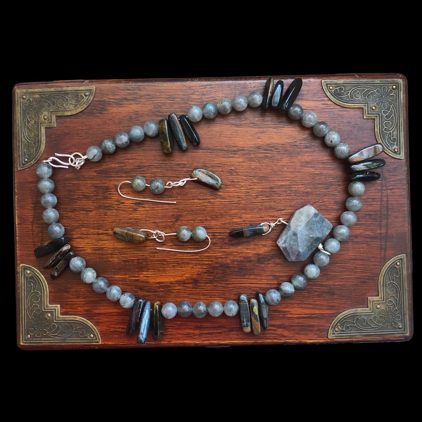 Moonstone and Blue Tiger Eye Beaded Necklace with Labradorite Pendant