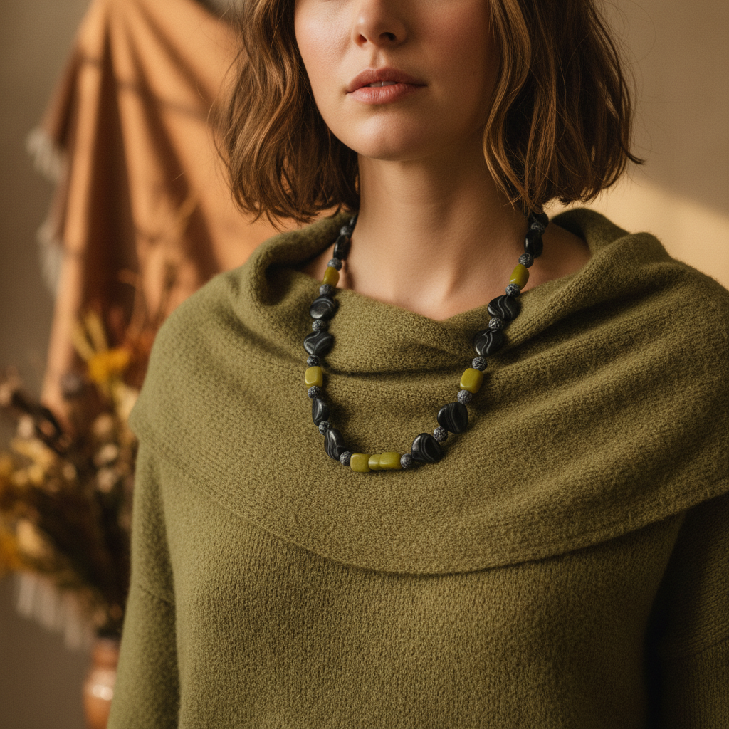 Olive Jade, Black Striped and Frost Cracked Agates Beaded Necklace