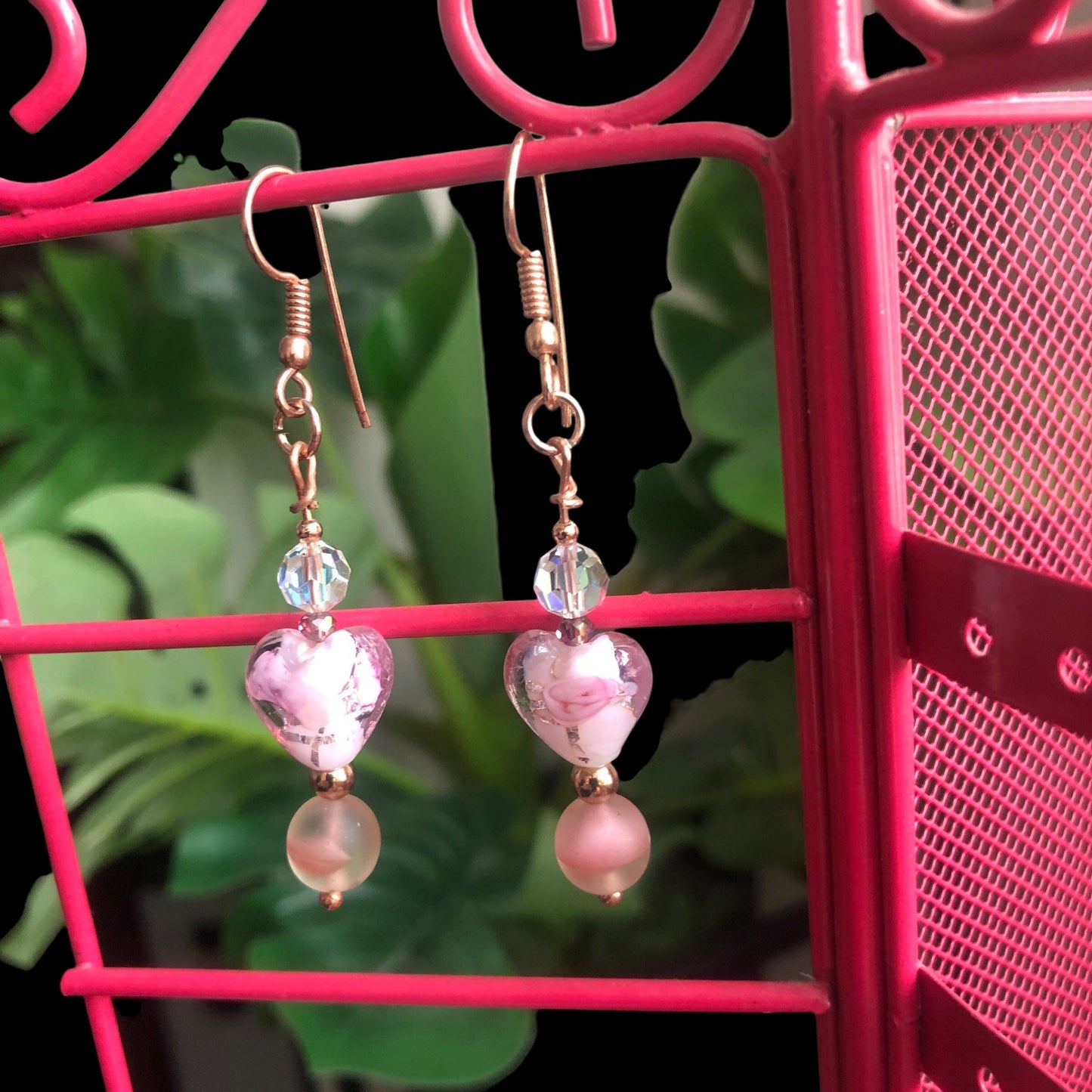 Pink Glass Hearts Rose Gold Earrings