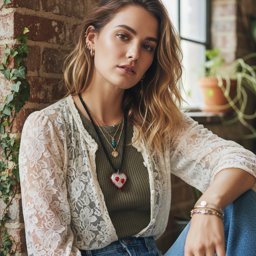 Red and White Glass Heart Pendant Necklace