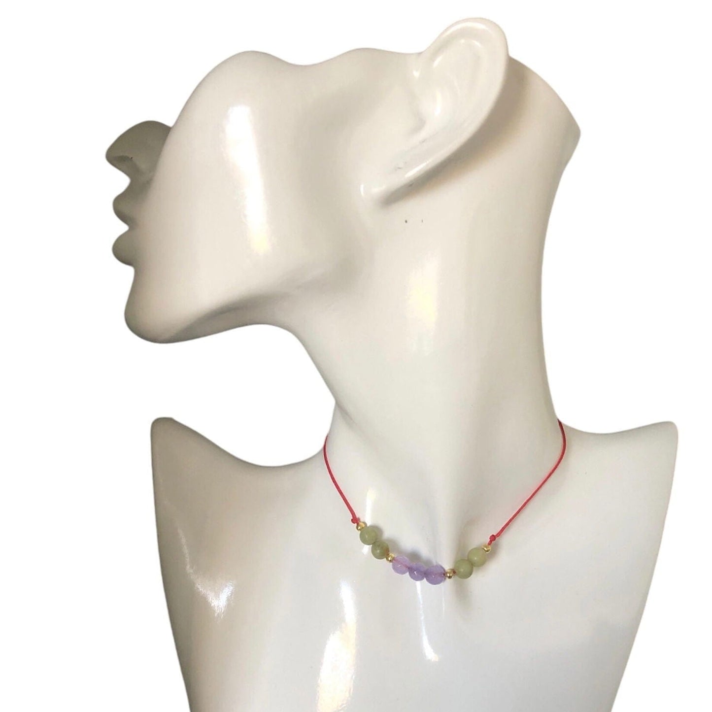 Red Thread Choker Necklace with Lavender & Green Jade