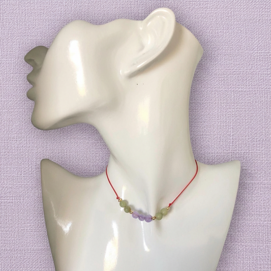 Red Thread Choker Necklace with Lavender & Green Jade