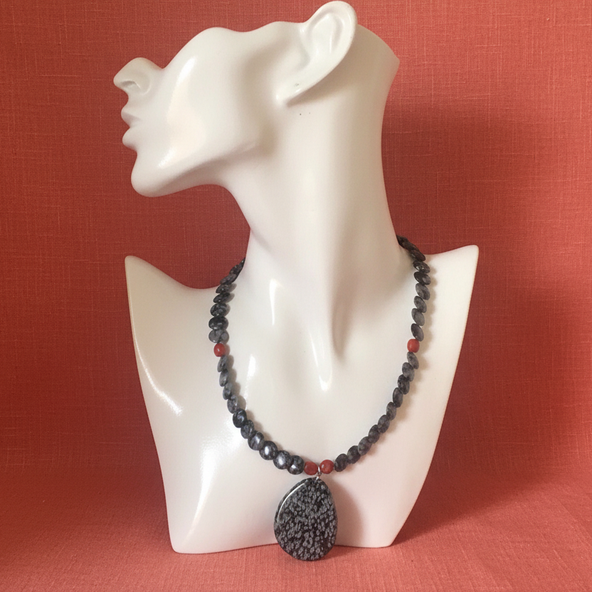 Snowflake Obsidian and Red Coral Beaded Choker Necklace