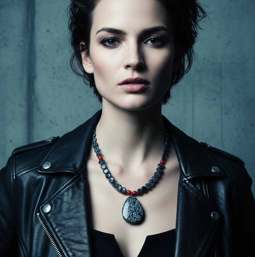 Snowflake Obsidian and Red Coral Beaded Choker Necklace