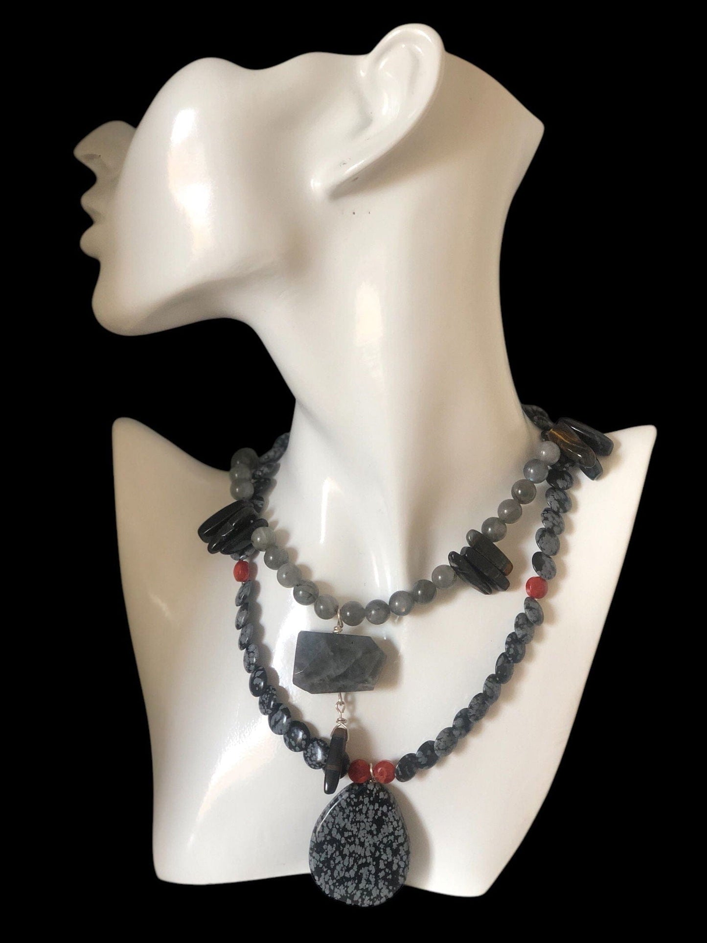 Snowflake Obsidian and Red Coral Beaded Choker Necklace