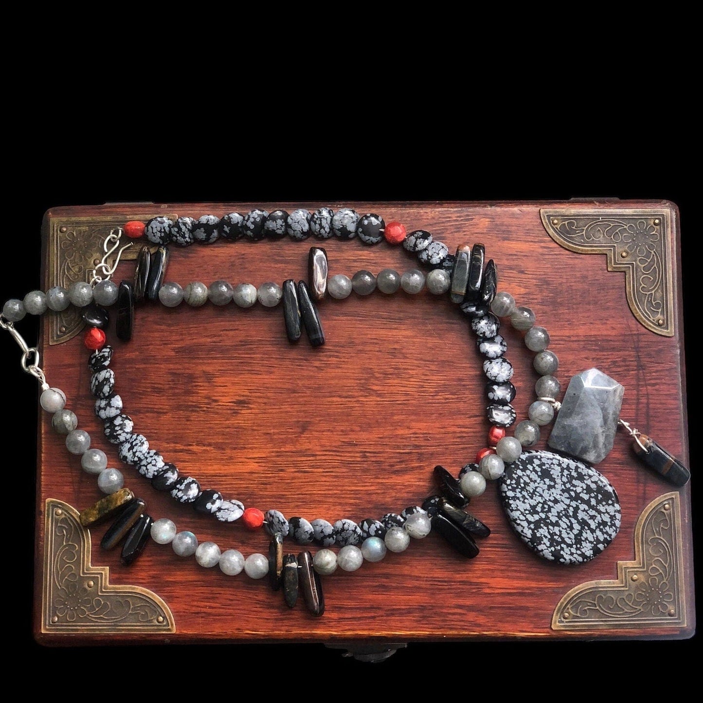 Snowflake Obsidian and Red Coral Beaded Choker Necklace